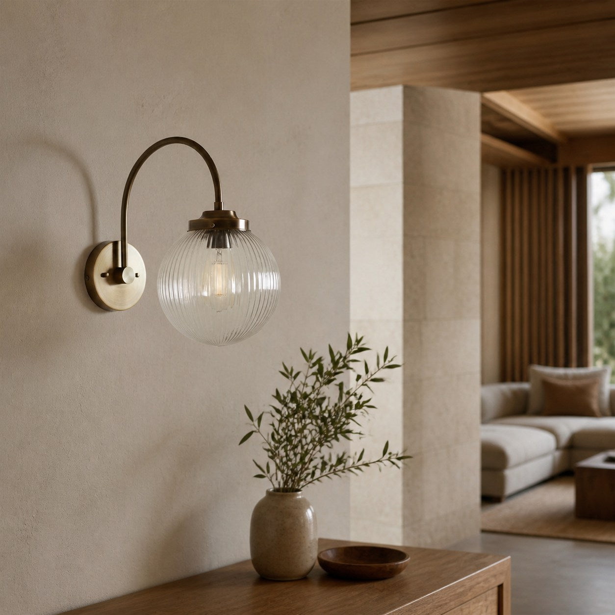Glorica Glass Aged Brass Wall Sconce - Ribbed Glass Shade Industrial Style Lighting