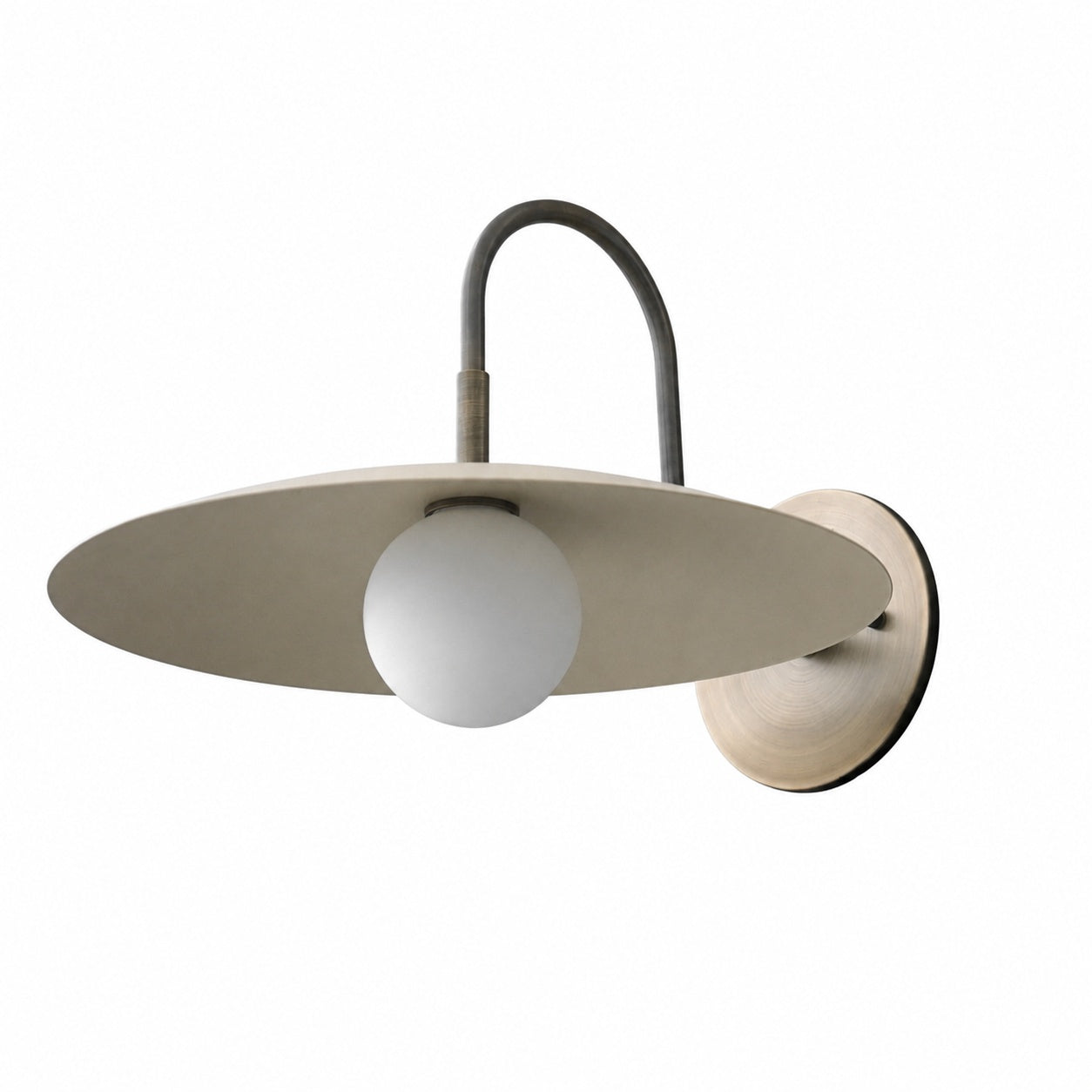 Curva Metal Modern Wall Sconce - Antique Brass Arm with Cream Disc Shade