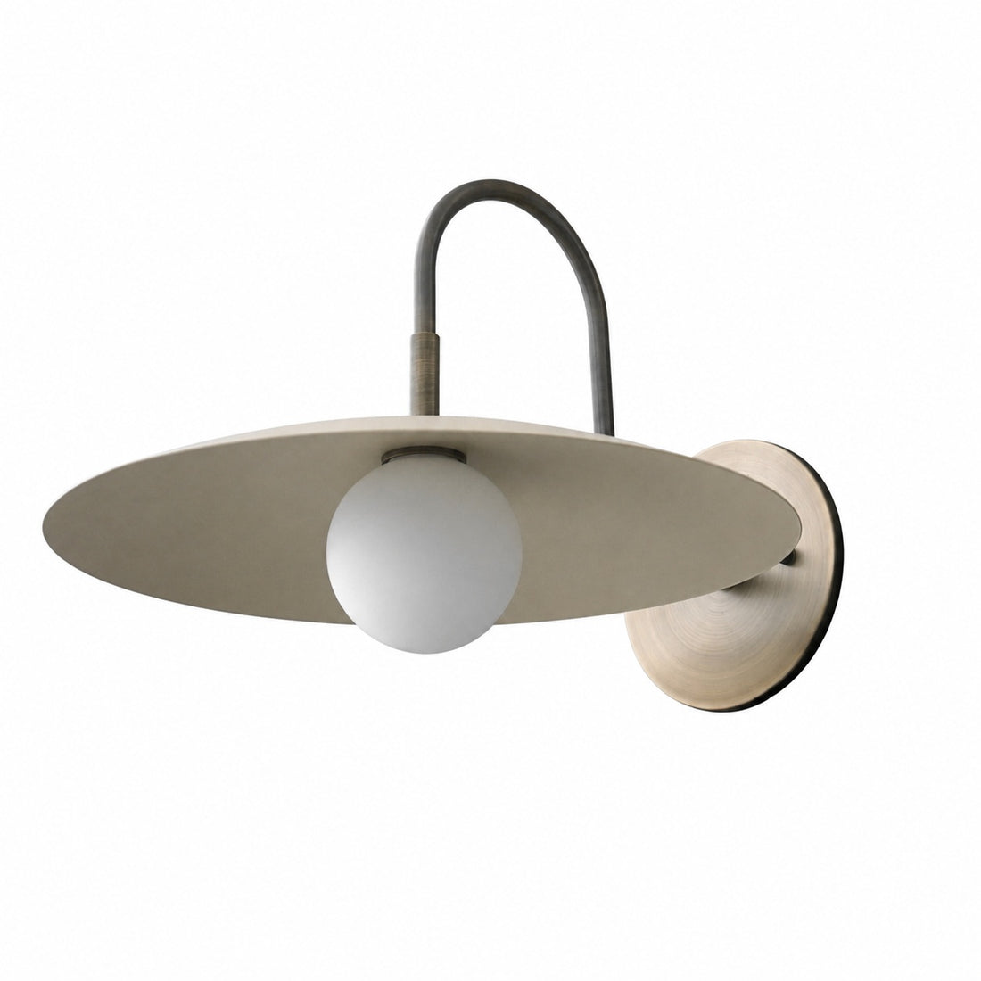 Curva Metal Modern Wall Sconce - Antique Brass Arm with Cream Disc Shade