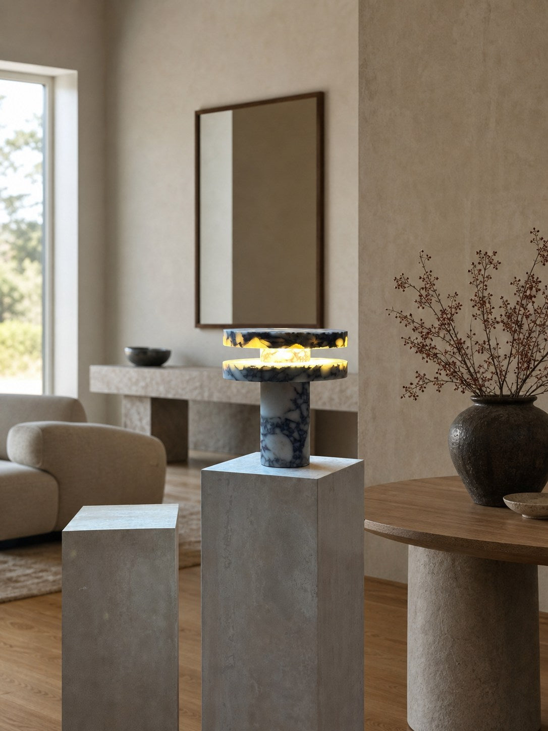 Modern Sculptural Table Lamp with Cylindrical Base Design for Bedroom Bedside and Living Room Use