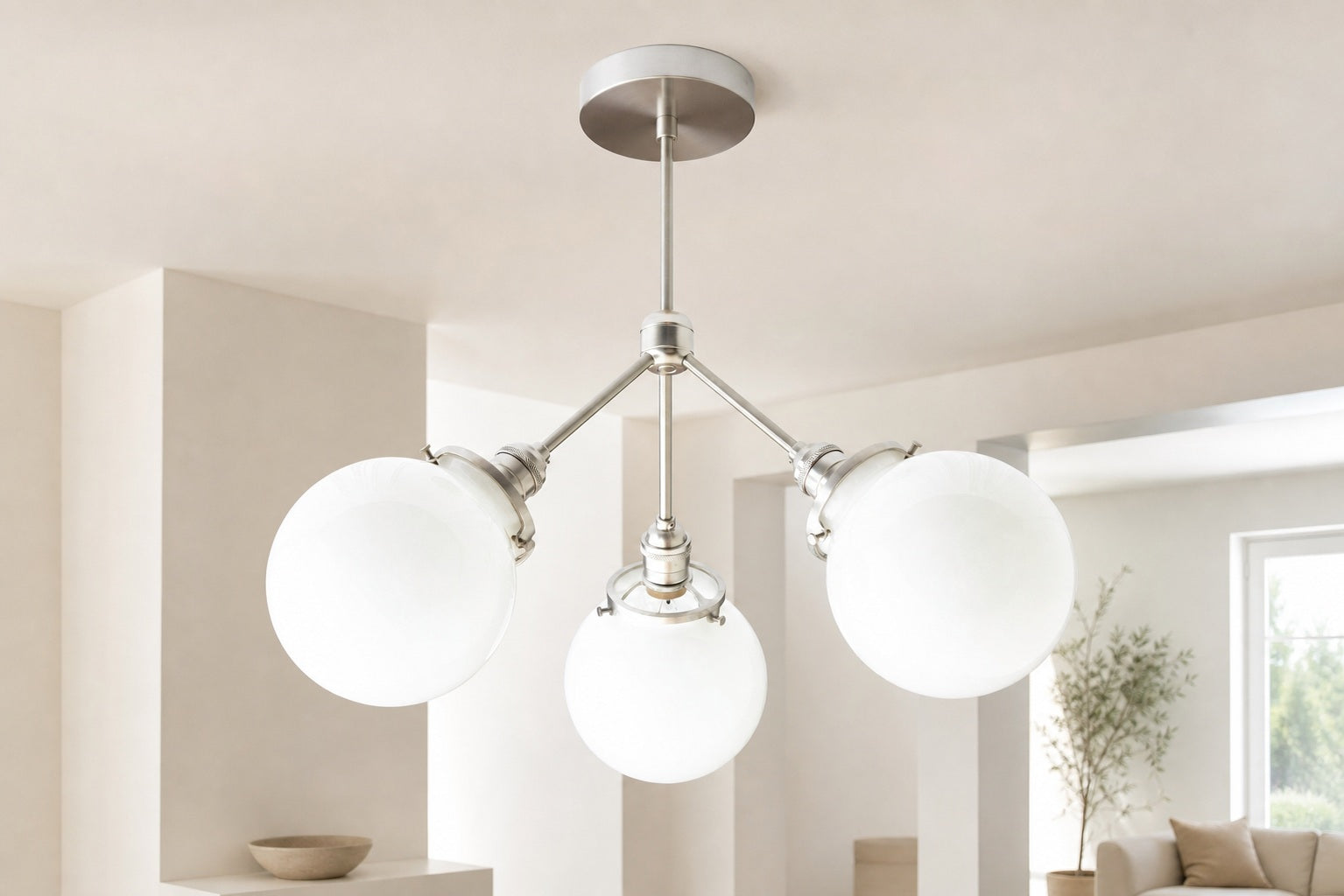 Glorica Glass Chandelier - Brass Globe Ceiling Light with Opal Shade