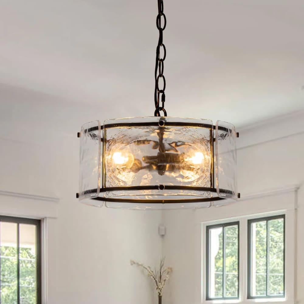 Water Ripple Drum Pendant Light - Matte Black Clear Glass 3-Light Chandelier