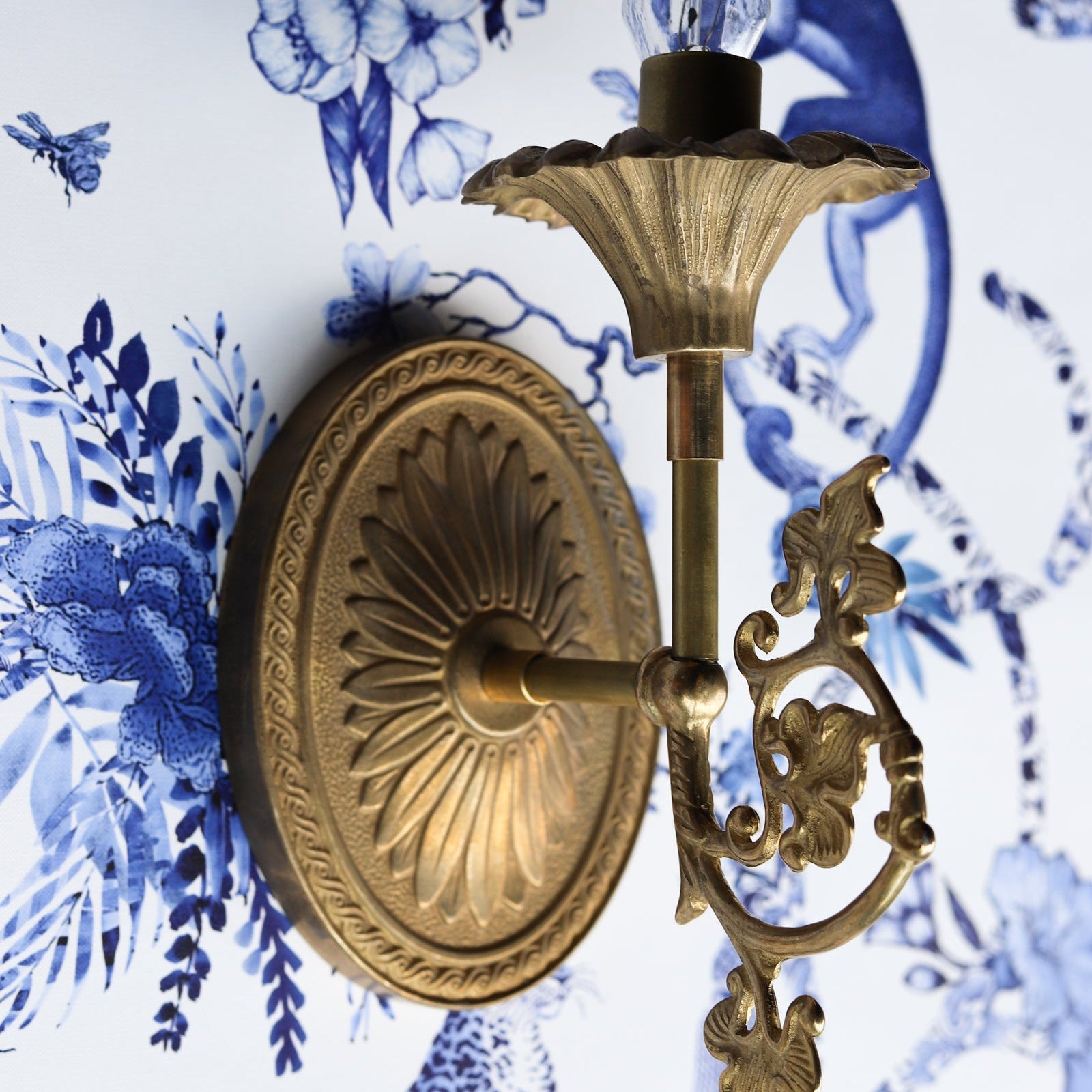 Victorian Inspired Brass Sconce Wall Light - Floral Cup & Leaf Arm Accent
