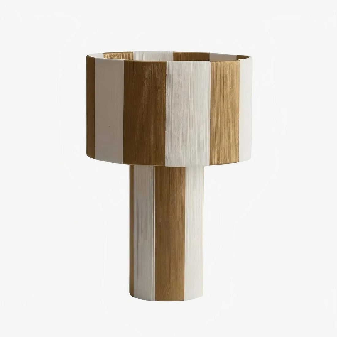 Apricot and white striped woven shade table lamp on a white background