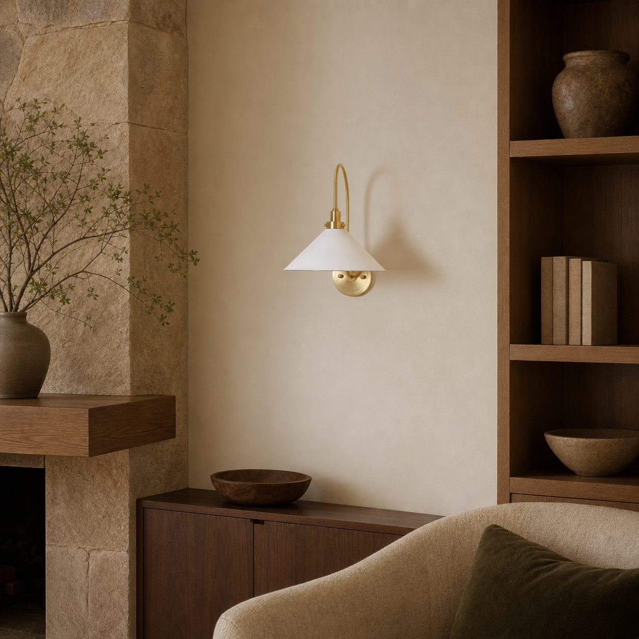 Ivoran Brass Gooseneck Wall Sconce - Curved Arm Dome Shade Light for Bedroom and Hallway