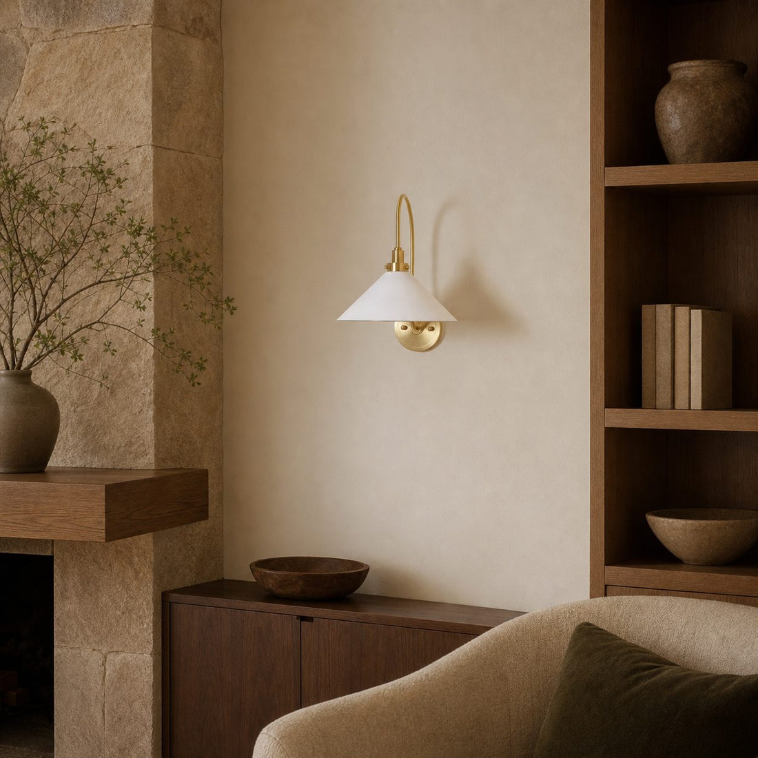 Ivoran Brass Gooseneck Wall Sconce - Curved Arm Dome Shade Light for Bedroom and Hallway