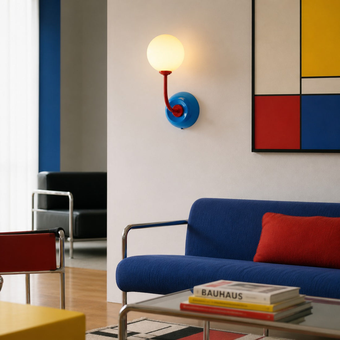 Luma Blue wall sconce in a Bauhaus-inspired living room