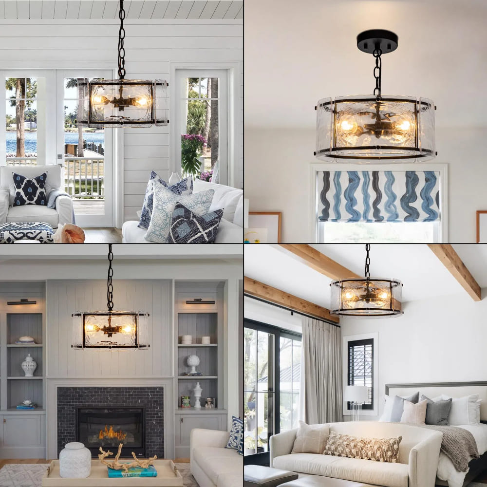 Water Ripple Drum Pendant Light - Matte Black Clear Glass 3-Light Chandelier