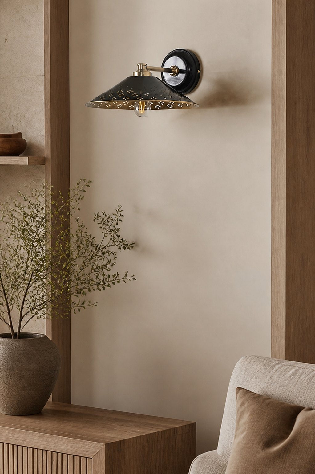 Auriglow Modern Wall Sconce – Brass Perforated Light for Bedroom or Hallway