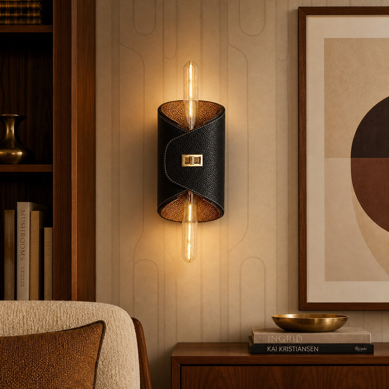 Black leather wall lamp beside modern artwork