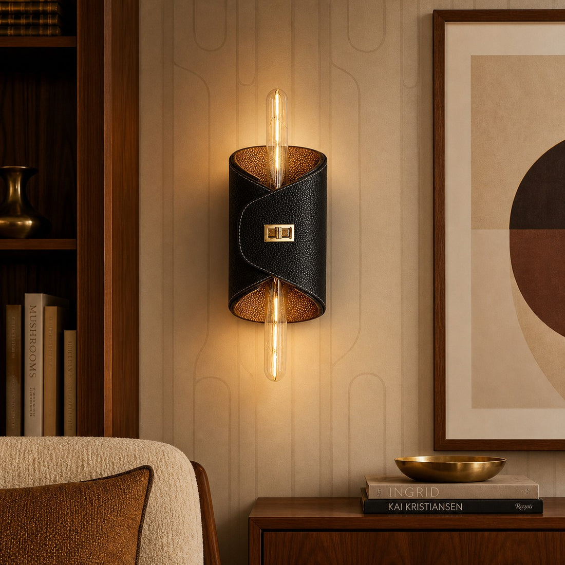 Black leather wall lamp beside modern artwork