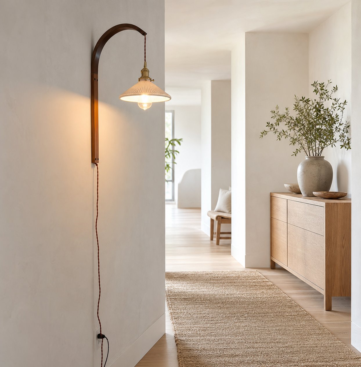 Curved Walnut Ceramic Plug-in Wall Light