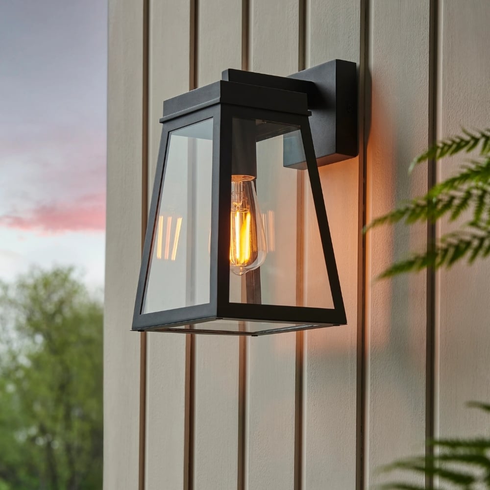 Trevanta Clear Glass Black Outdoor Lantern Wall Light - Modern Exterior Lighting