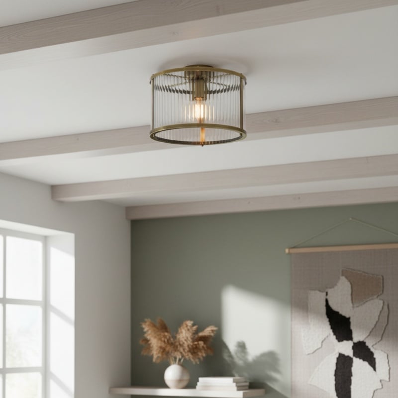 RibGlow Ribbed Glass Flush Ceiling Light – Classic Flush Mount Ceiling Lamp for Living Room or Hallway