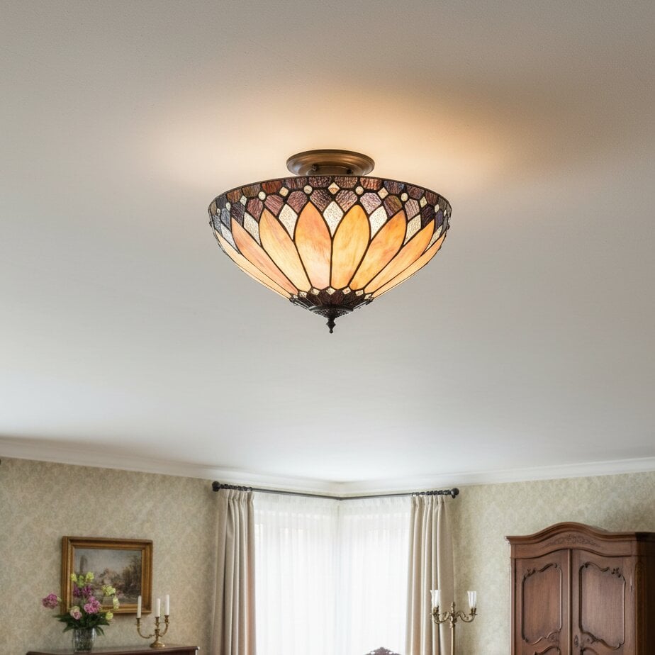 TF Brooklyn Tiffany Semi-flush Ceiling Light - Geometric Glass Shade for Hallways or Living Rooms