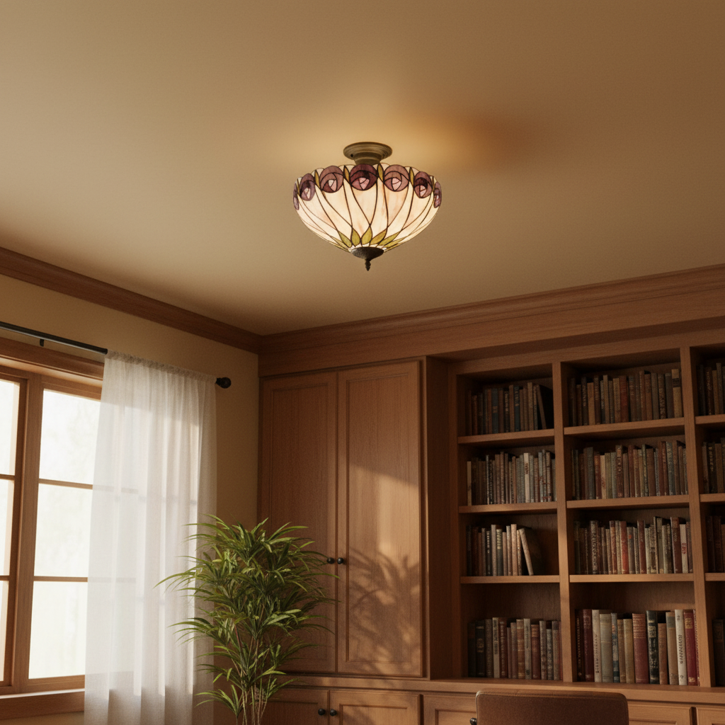 TF Hutchinson Tiffany Ceiling Light with Mackintosh Rose for Living and Dining Rooms