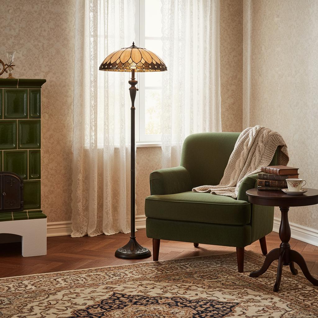 TF Brooklyn Geometric Art Deco Tiffany Floor Lamp –  Stained Glass Shade and Satin Black Base for Living Room