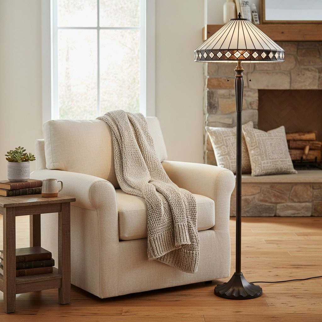 TF Fargo Geometric Tiffany Style Lamp - Amber and Cream Glass Accent Lighting for Bedroom or Study