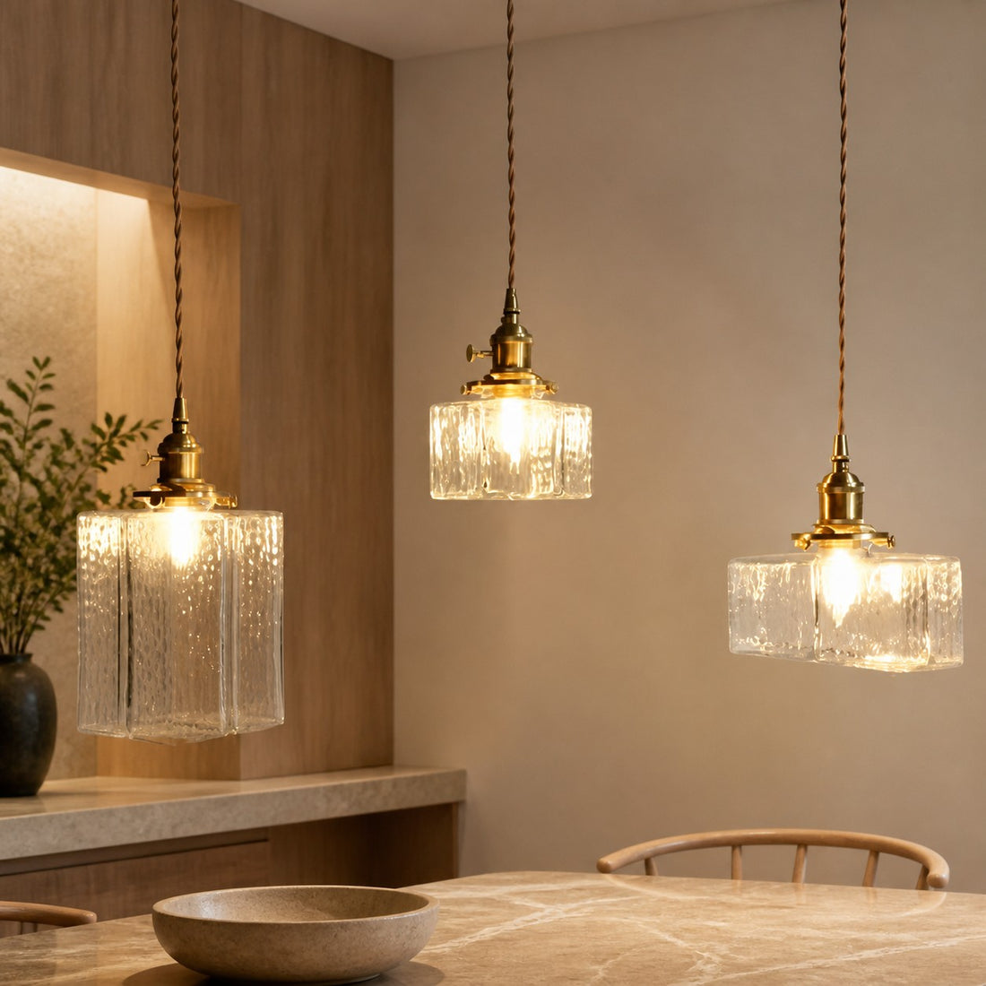 Traditional Vintage Square Rectangle Ripple Glass Iron 1-Light Pendant Light For Living Room