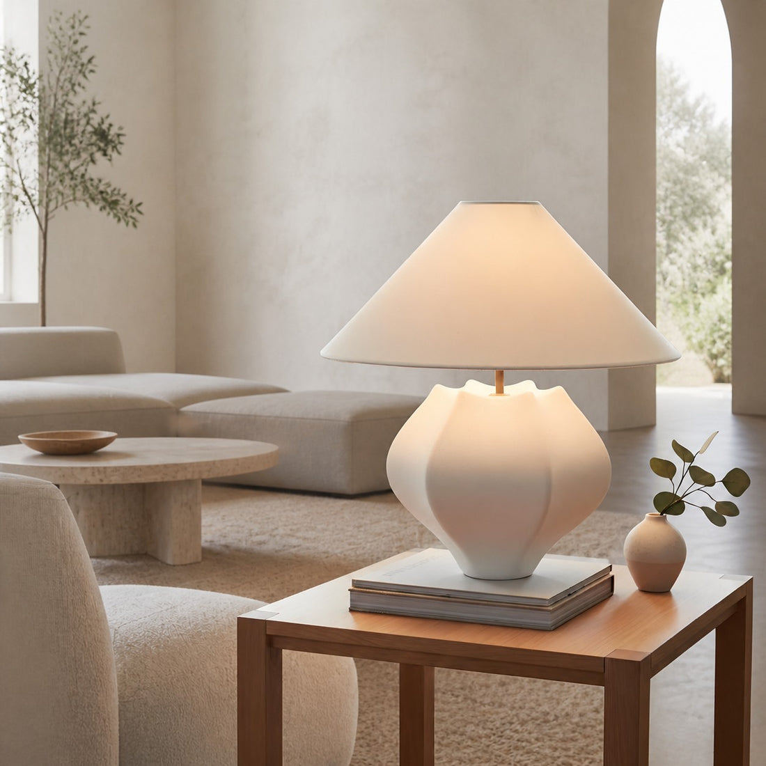 Cordove Table Lamp - Sculptural Ceramic Base and Linen Shade Suitable for Living room, Bedroom or Side Table