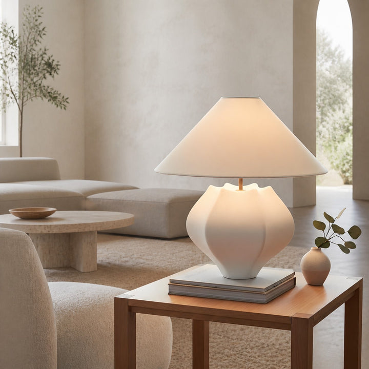 Cordove Table Lamp - Sculptural Ceramic Base and Linen Shade Suitable for Living room, Bedroom or Side Table