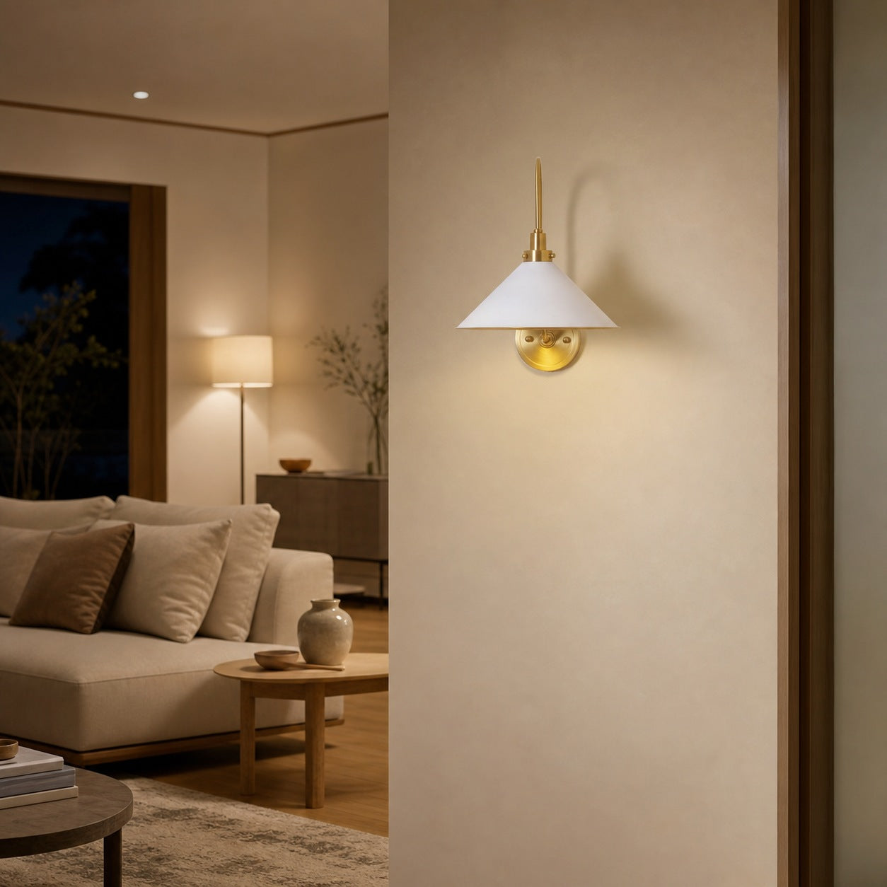 Ivoran Brass Gooseneck Wall Sconce - Curved Arm Dome Shade Light for Bedroom and Hallway