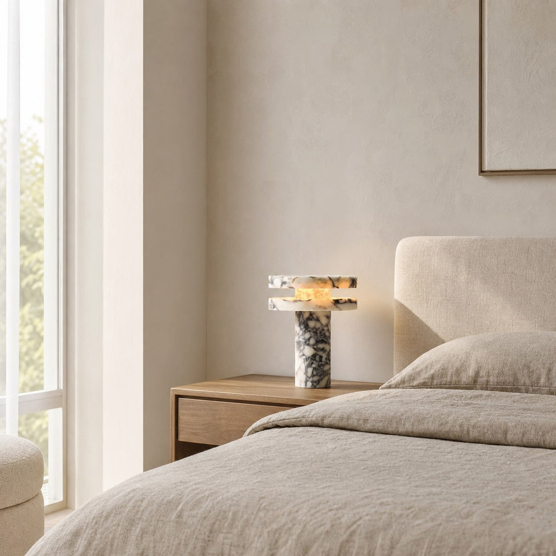 Modern Sculptural Table Lamp with Cylindrical Base Design for Bedroom Bedside and Living Room Use