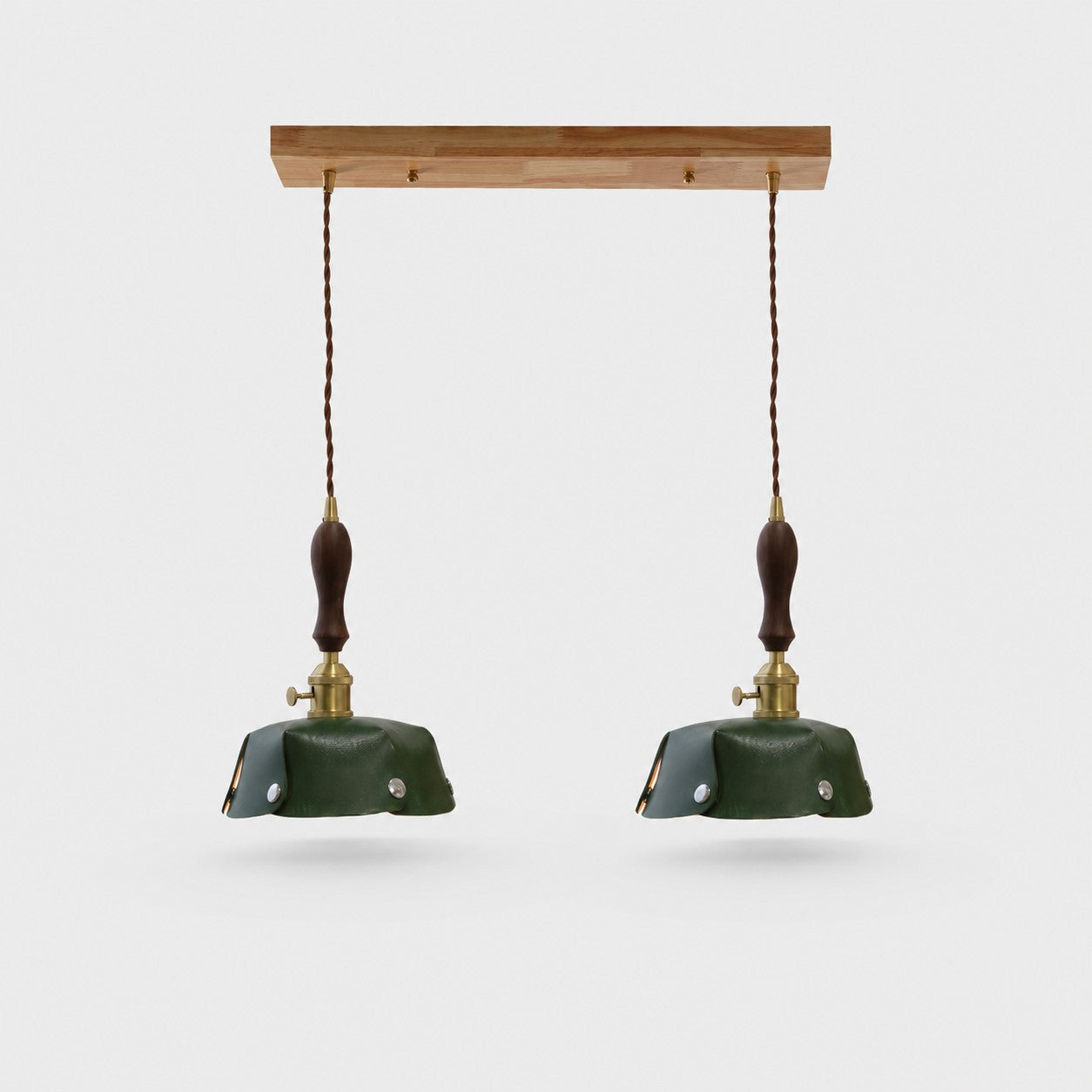 2-Light Linear Pendant Deep Green Leather Bar 50 cm / 19.7 in; Shade Dia. 25 cm / 9.8 in