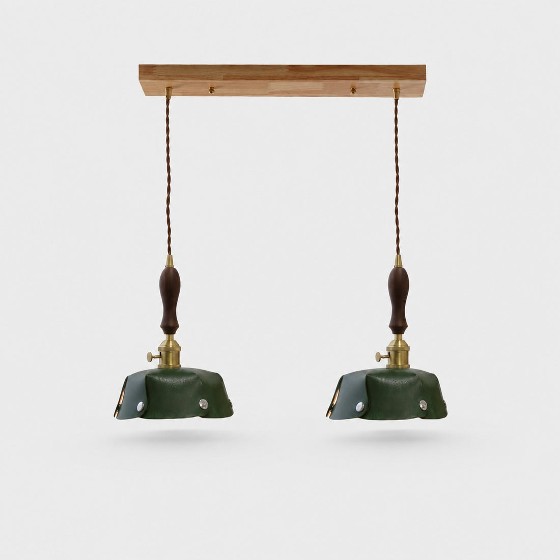 2-Light Linear Pendant Deep Green Leather Bar 50 cm / 19.7 in; Shade Dia. 25 cm / 9.8 in