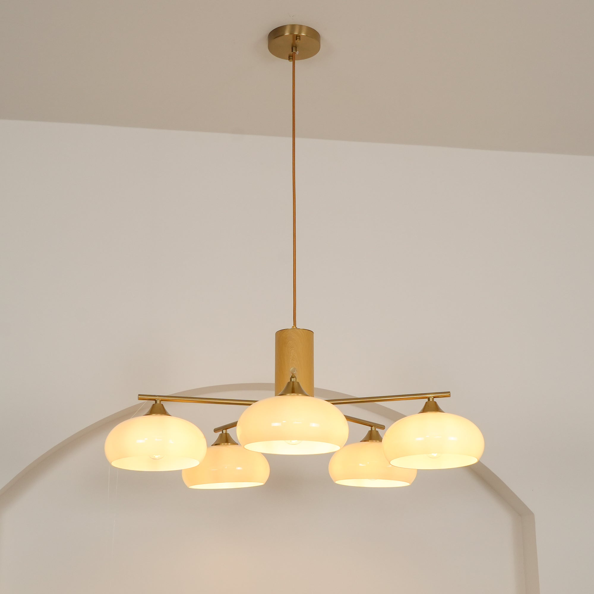 Bowl Shaped Multi - Head Chandelier With Wooden Decoration