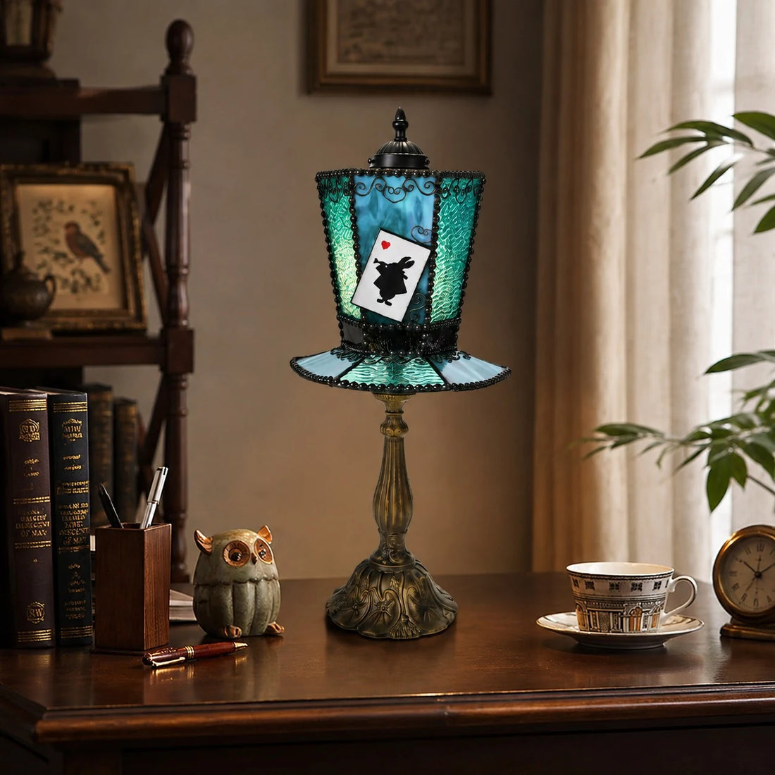 Aqua blue table lamp on desk scene