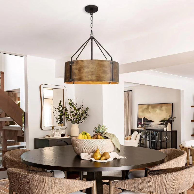 Industrial Bronze Drum Pendant Light – Rustic Metal 4 - Light Chandelier