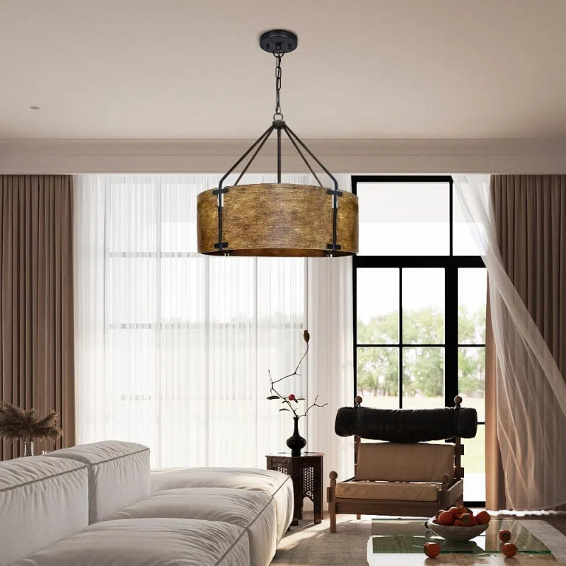 Industrial Bronze Drum Pendant Light – Rustic Metal 4 - Light Chandelier