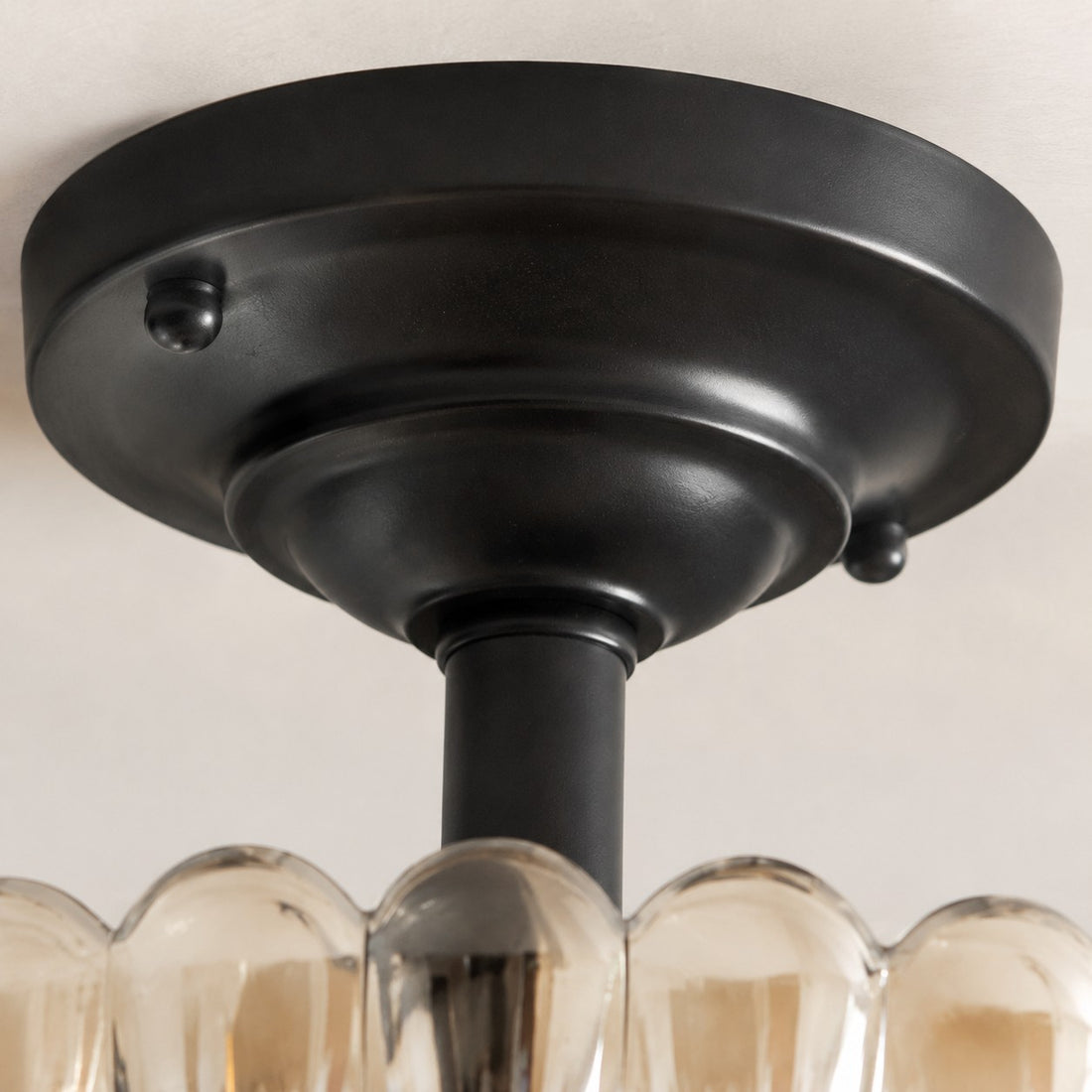Dark iron ceiling canopy and stem detail
