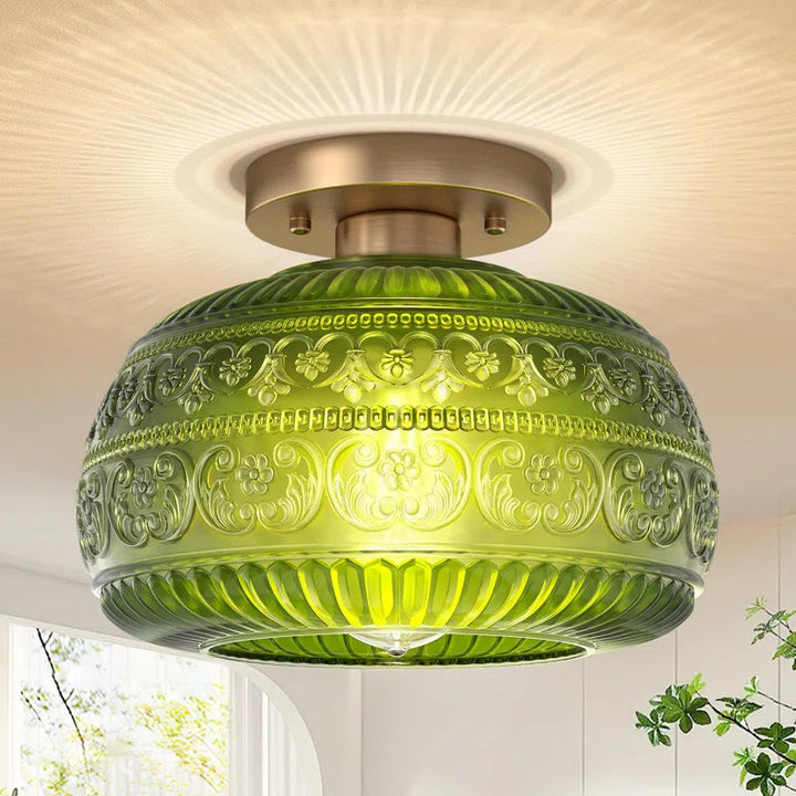 Vintage Glass Semi Flush Mount Ceiling Light with Flora Engraved Pattern