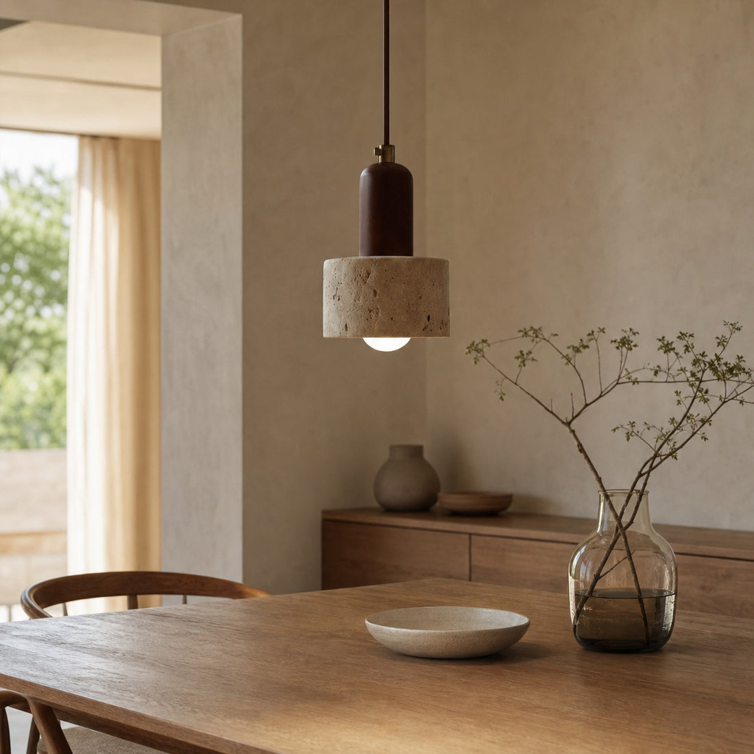 WabiLum Minimalist Japanese Travertine Wood Pendant Light - Elegant Home Lighting for Bedroom