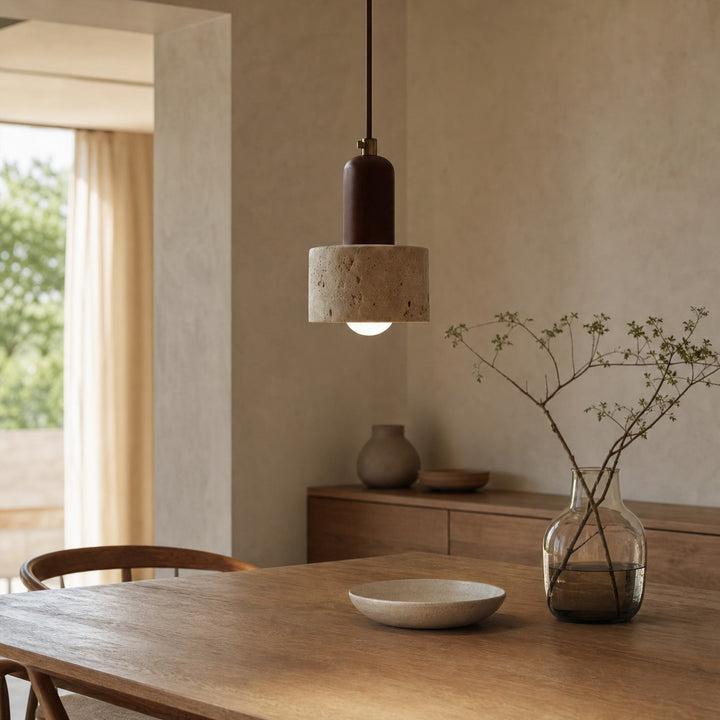 WabiLum Minimalist Japanese Travertine Wood Pendant Light - Elegant Home Lighting for Bedroom