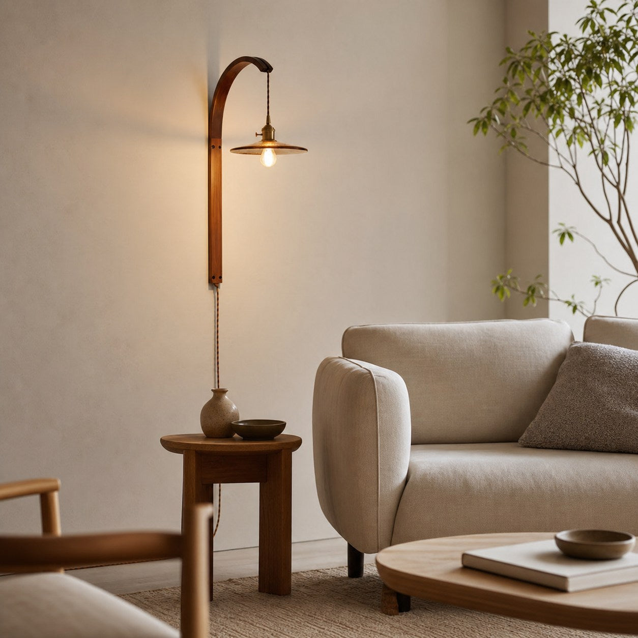 Curved Walnut Ceramic Plug-in Wall Light