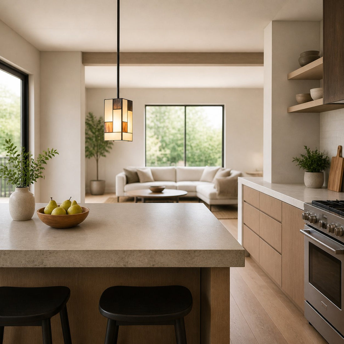 TF Manchester Art Deco Pendant Light – Geometric Stained-Glass Hanging Lamp for Living Room or Dining
