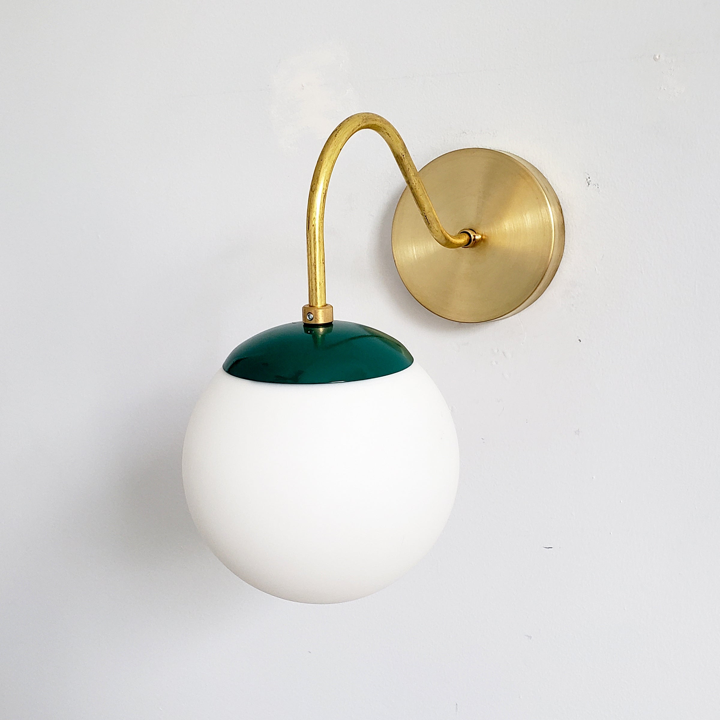 Brass Wall Lamp Sconce - Curved Arm with Handblown Frosted Glass