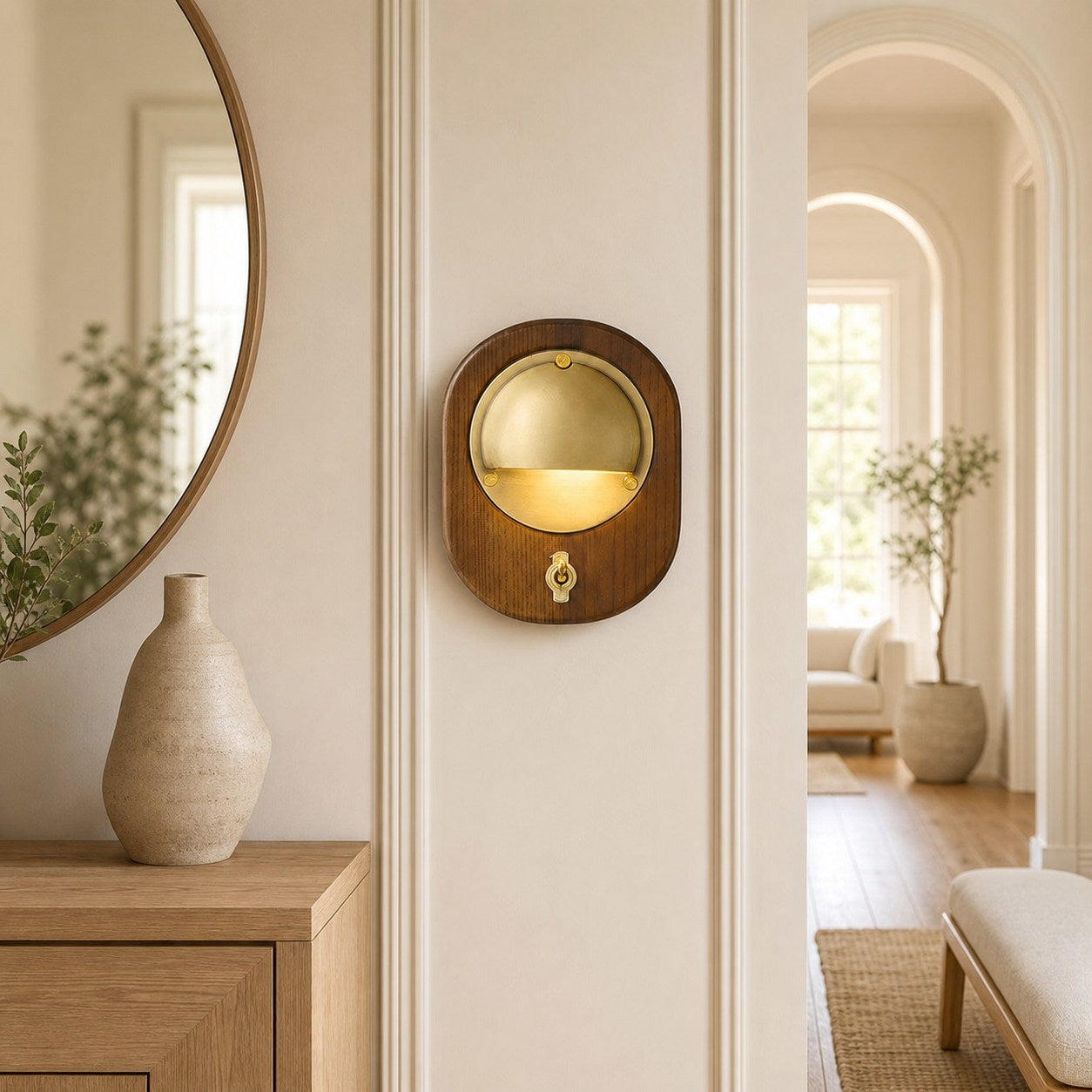 Ivoran Modern Wall Sconce - Ash Wood and Brass Spherical Lamp for Bedroom and Hallway