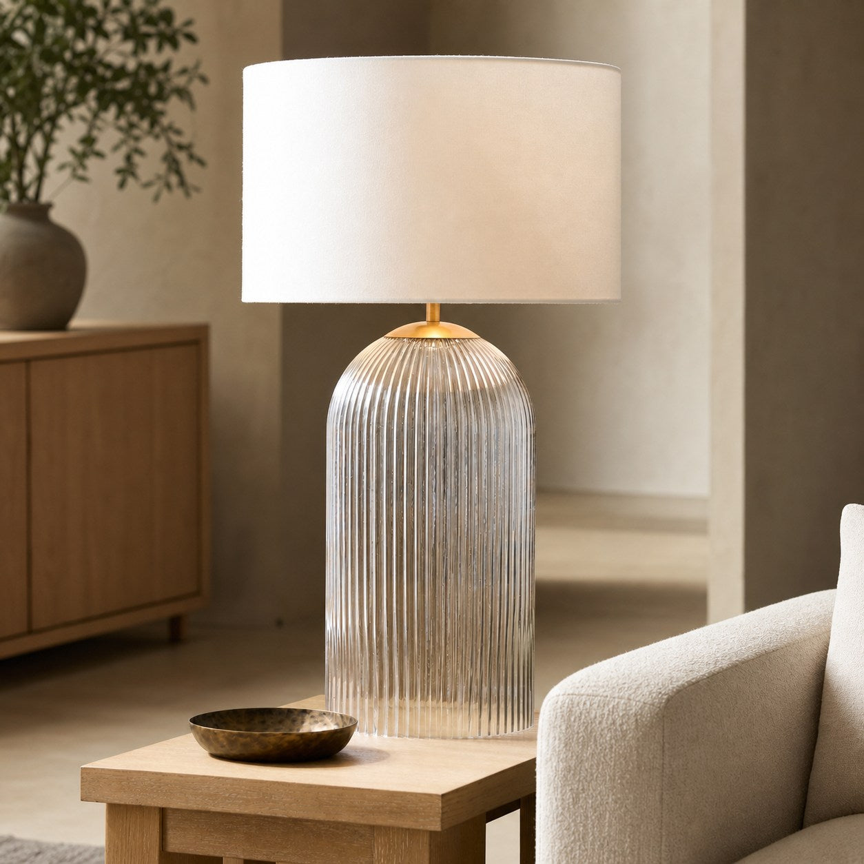 Bravira Ribbed Glass Table Lamp - Modern Lighting with Linen Shade