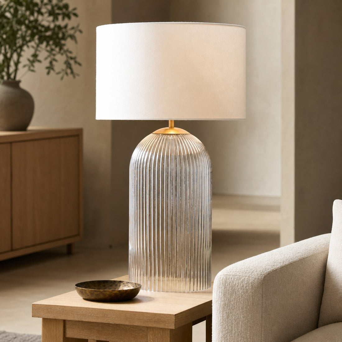 Bravira Ribbed Glass Table Lamp - Modern Lighting with Linen Shade