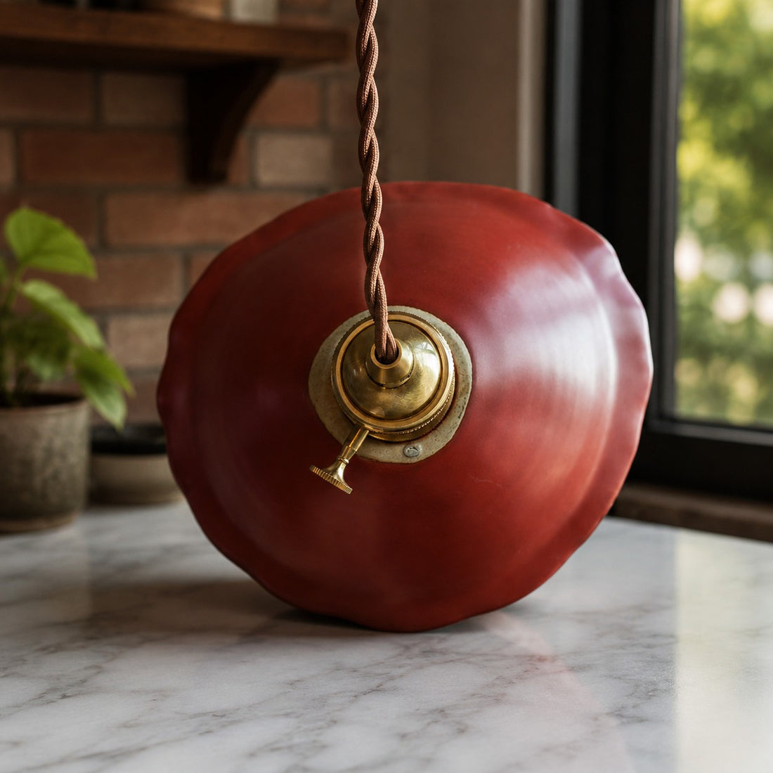 Vintage Dual-Glaze Ceramic Pendant Light with Brass Fittings