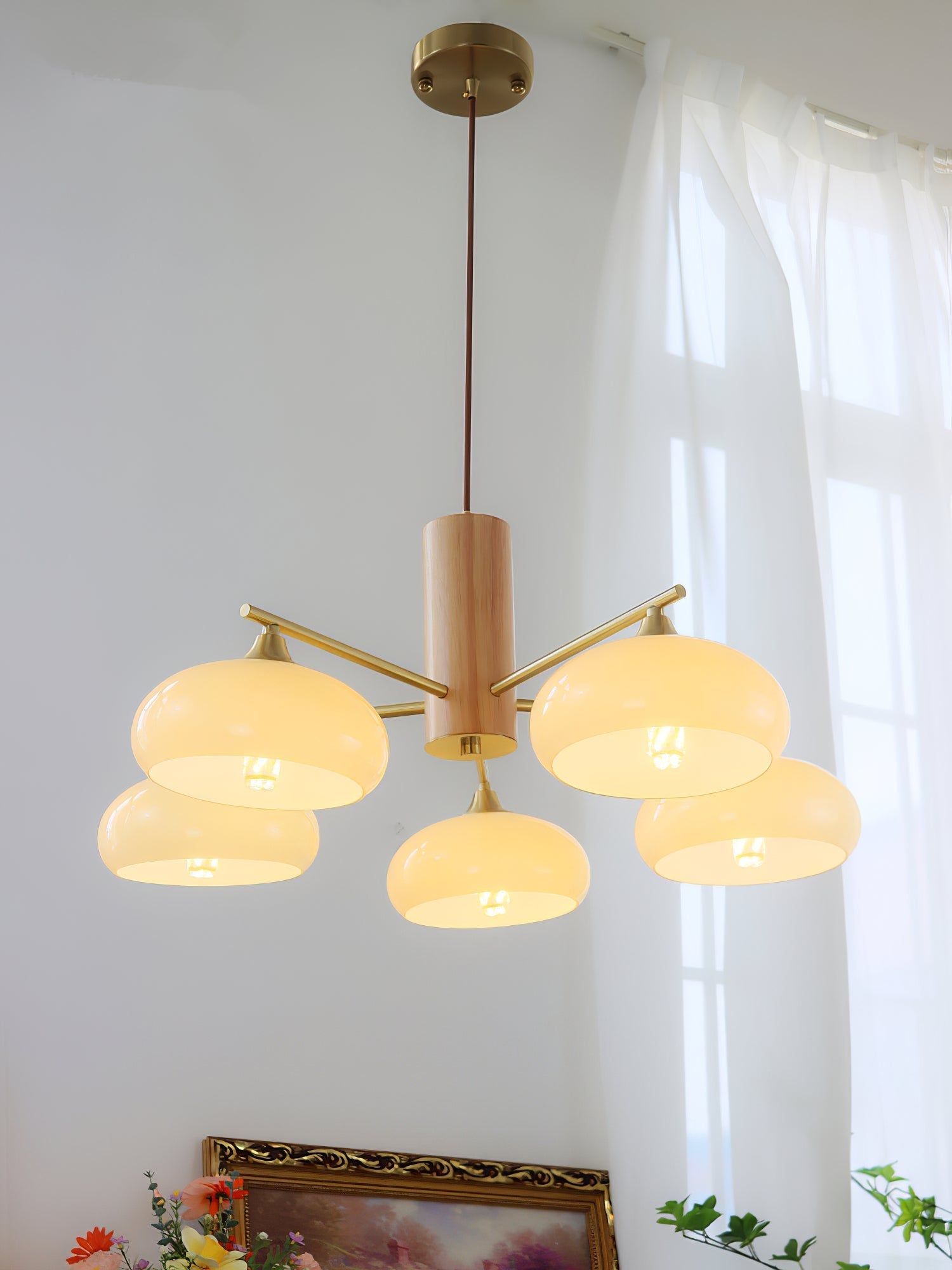 Bowl Shaped Multi - Head Chandelier With Wooden Decoration