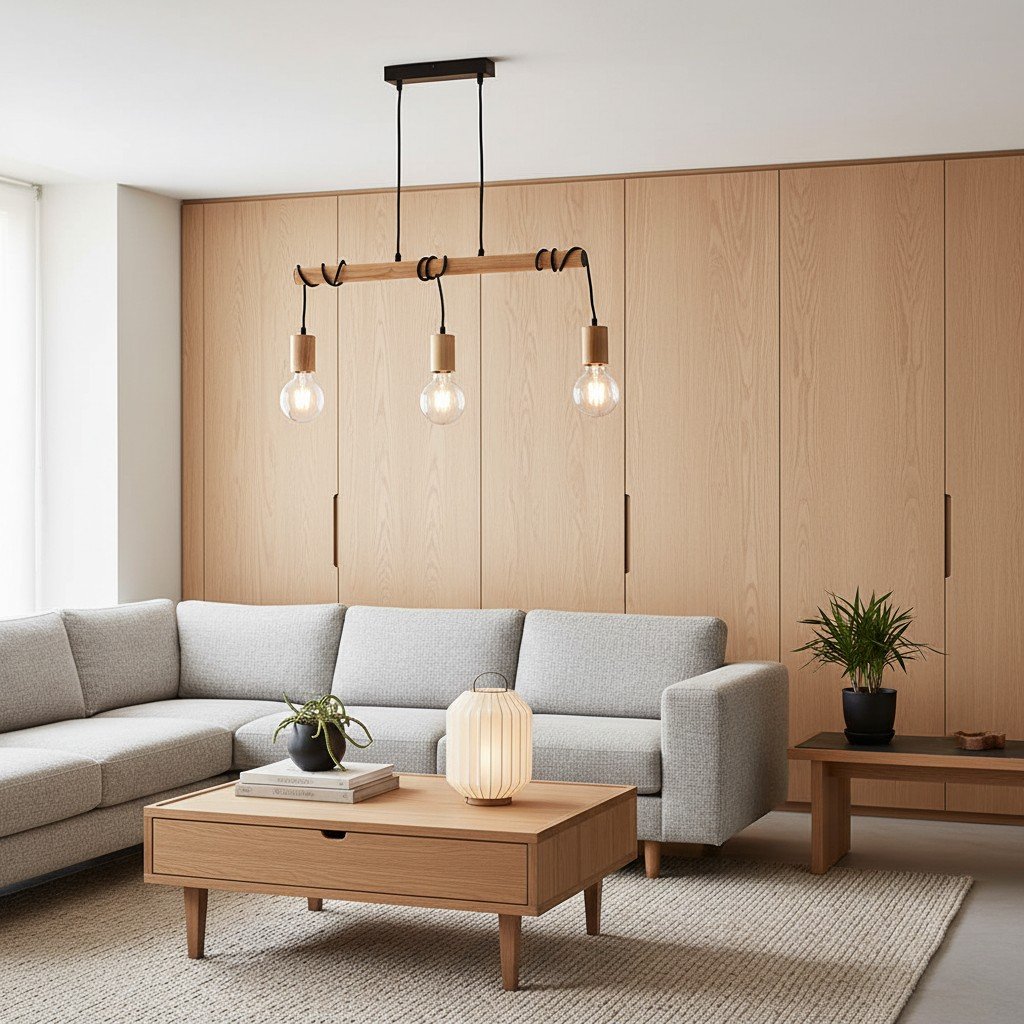 Virell Adjustable Linear Ceiling Light – 3‑Bulb Wooden and Metal Design for Kitchen Island or Office