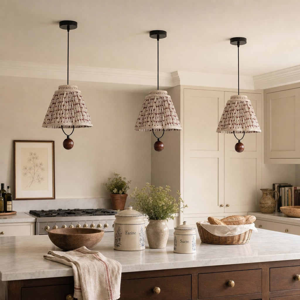 Solmire Fabric Pendant Light - Floral Pleated Shade with Wood and Iron Accents for Dining Room and Kitchen Island