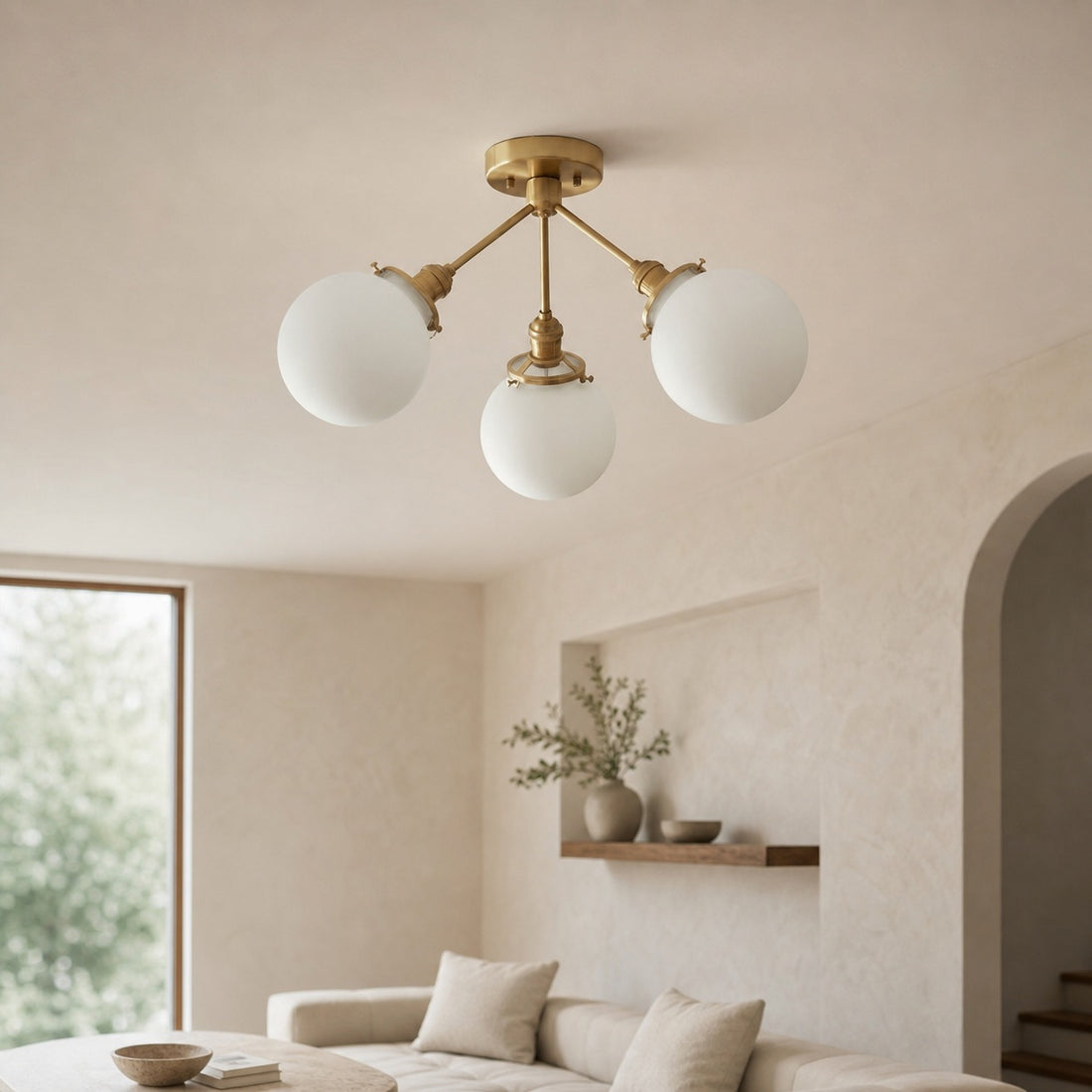 Glorica Glass Chandelier - Brass Globe Ceiling Light with Opal Shade
