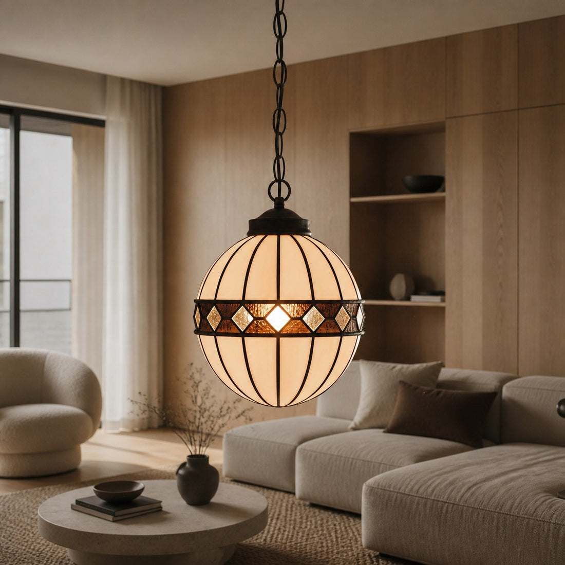 TF Fargo Tiffany Style Globe Pendant – Handcrafted Art Glass Sphere Light for Kitchen Island
