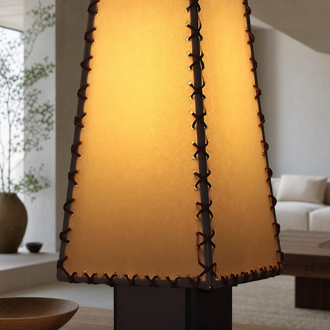 Modern Geometric Metal Table Lamp – Parchment Shade for Bedroom Nightstand Lighting